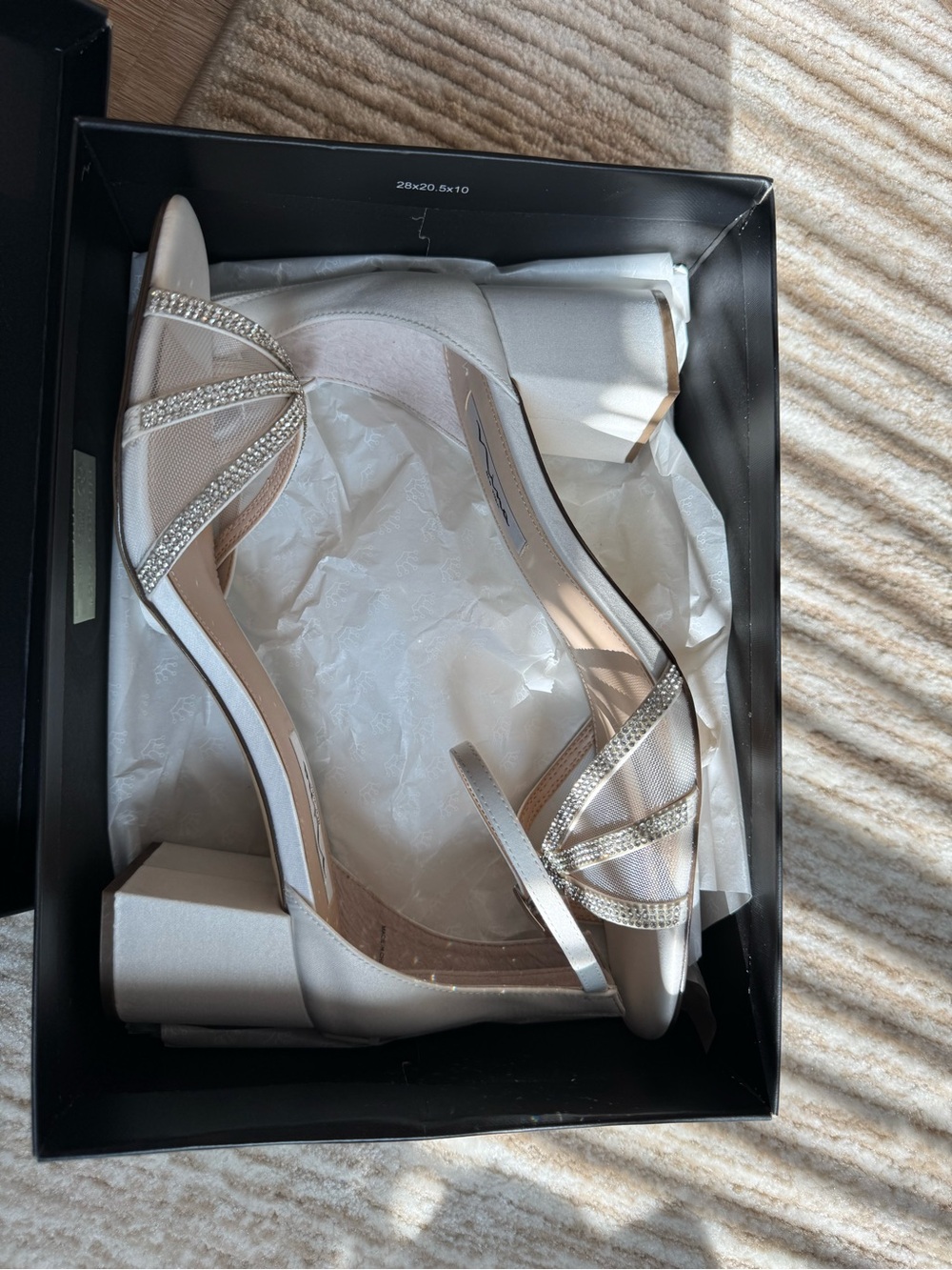 Nina Ivory Satin Block Heel Sandals with Crystal Straps